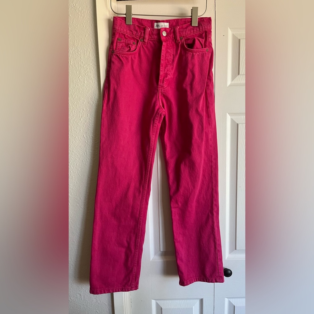 Zara Hot Pink High Waist Straight Leg Jeans
